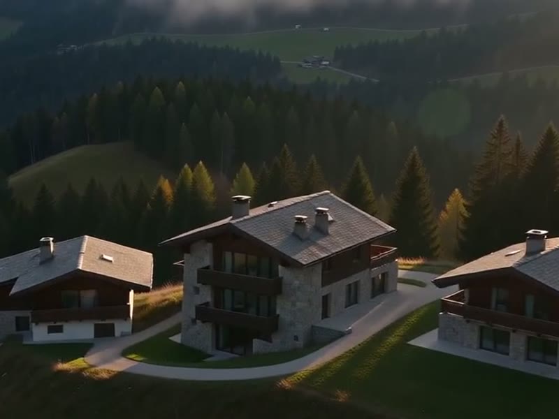 Tres chalets de piedra rodeados por un bosque de montaña