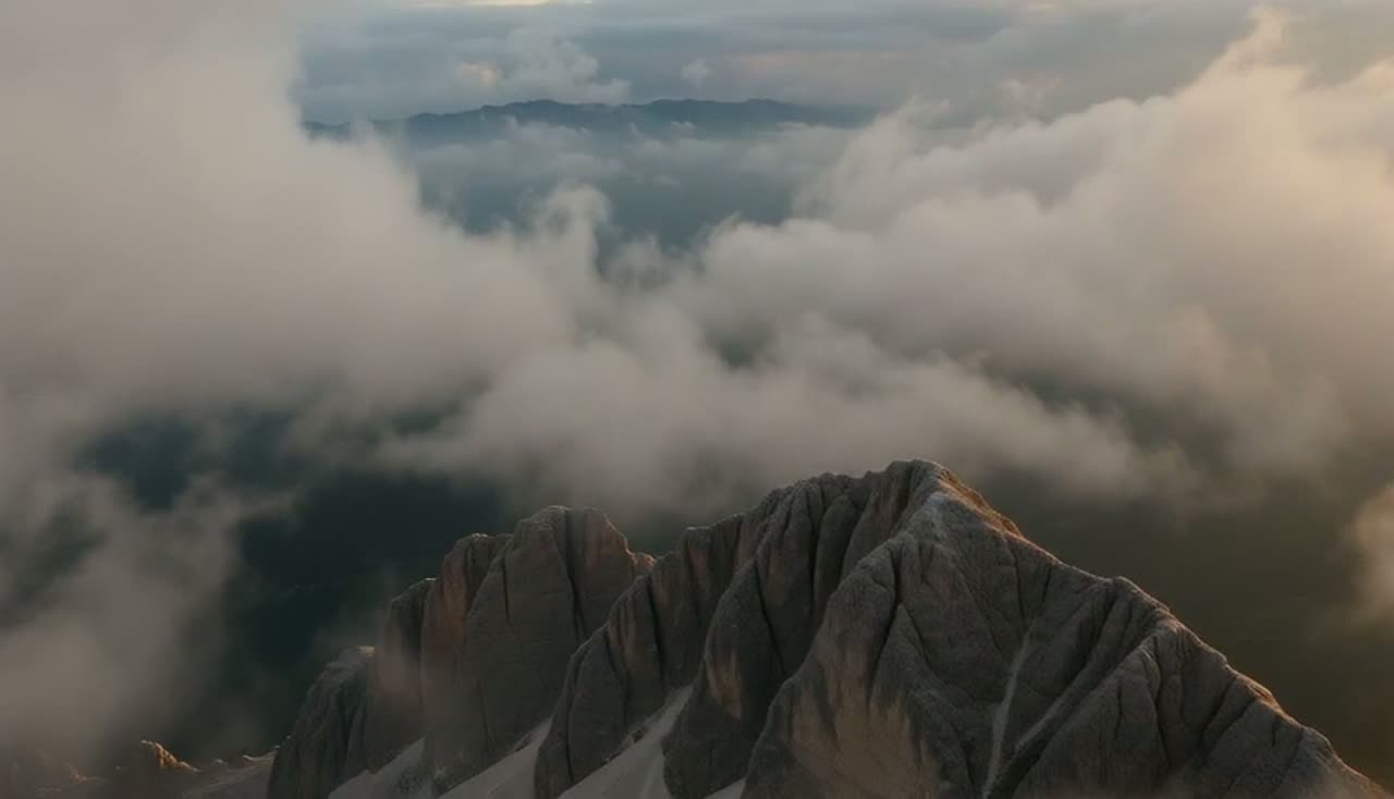 Cresta de roca emergiendo entre nubes bajas