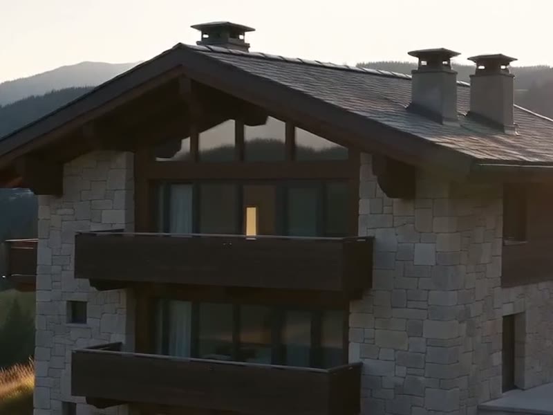 Fachada de piedra y madera de un chalet de montaña