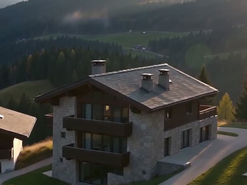 Chalets rústicos de lujo vistos desde la ladera